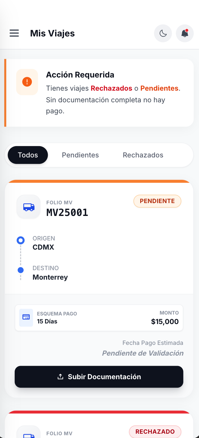 Captura de pantalla de la app de proveedores